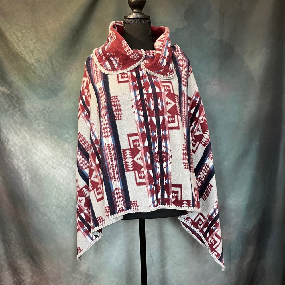 Nativo‎ Navajo Print Cowl Neck Poncho One Size Burgundy Gray Blue